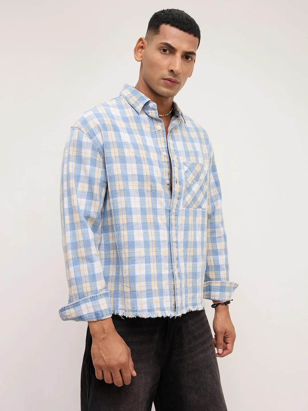 Distressed Hem Denim Vintage Explorer Checks Boxy Fit Crop Shirt