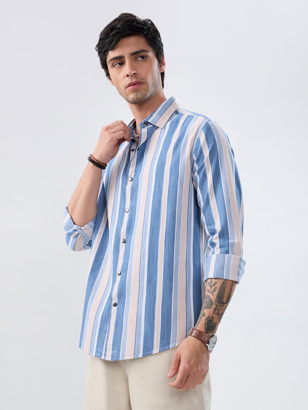 Denim Blue & Peach Broad Striped Shirt