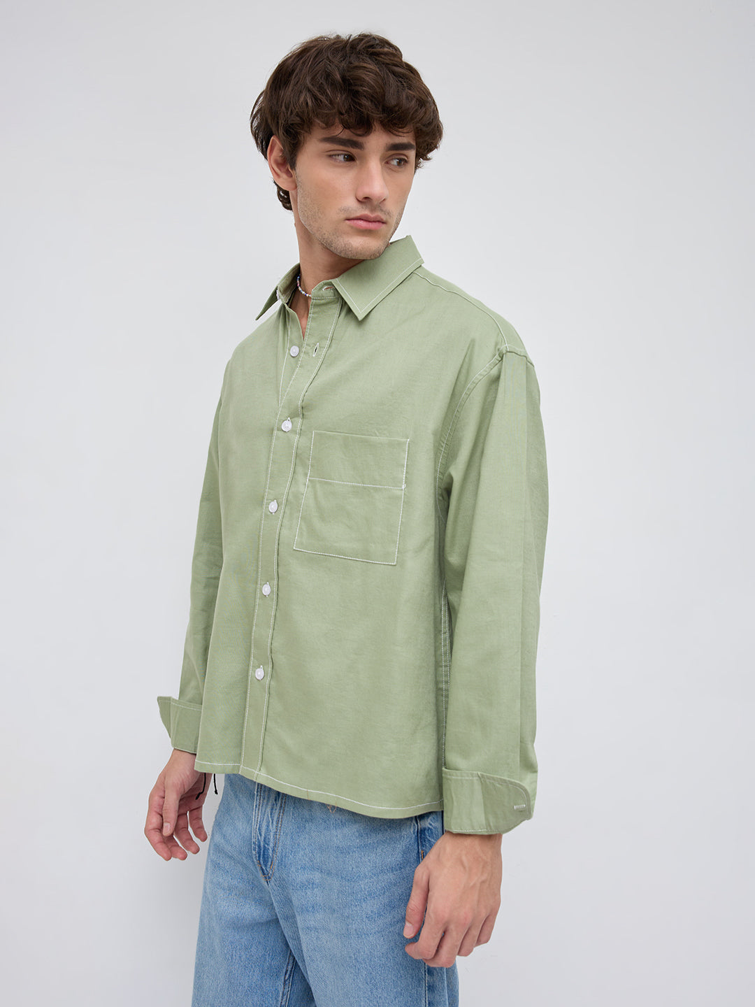 Sage Green Contrast Stitch Boxy Fit Crop Shirt