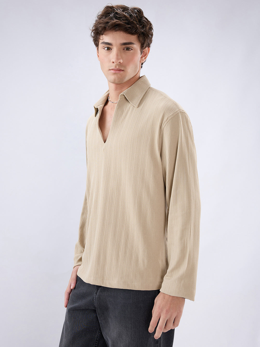 Sand Dune Ribbed Textured Polo Oversized Knitted Shirt