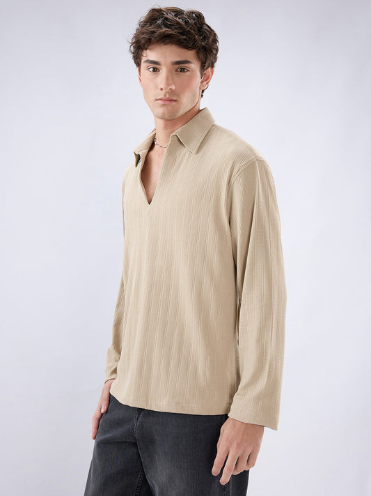 Sand Dune Ribbed Textured Polo Oversized Knitted Shirt