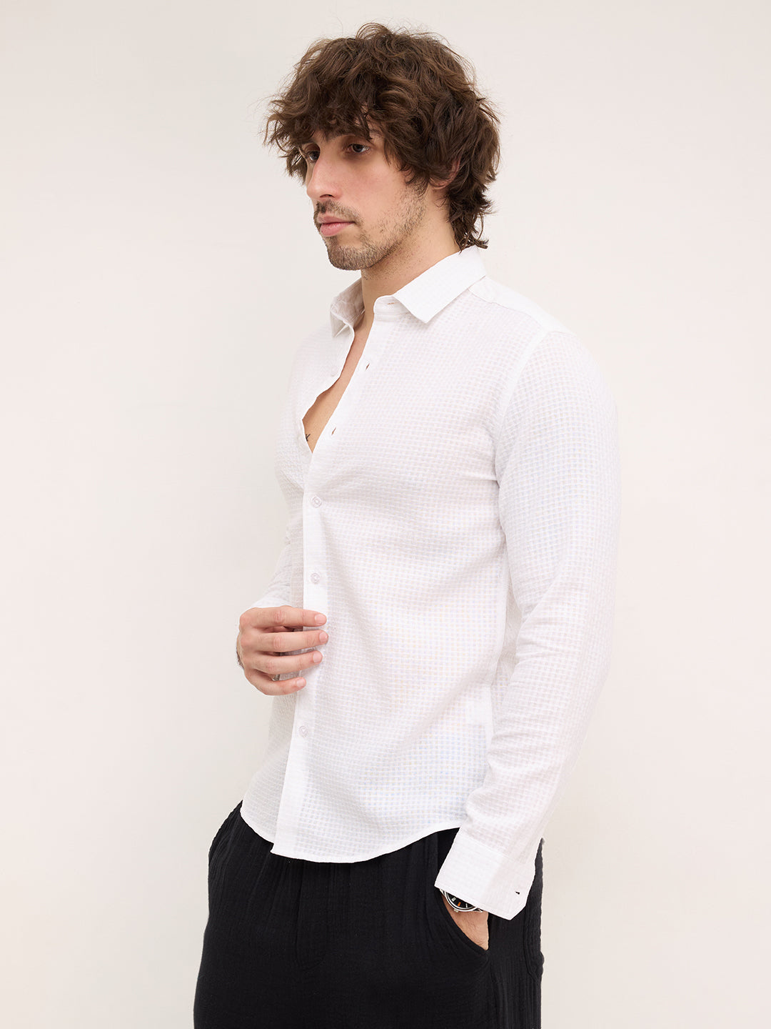 Sheer White Mini Square Checks Textured Vacation Shirt