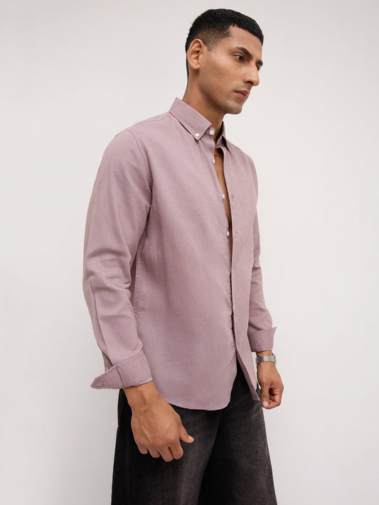 Luxe French Lilac Button-Down Collar Linen Blend Shirt