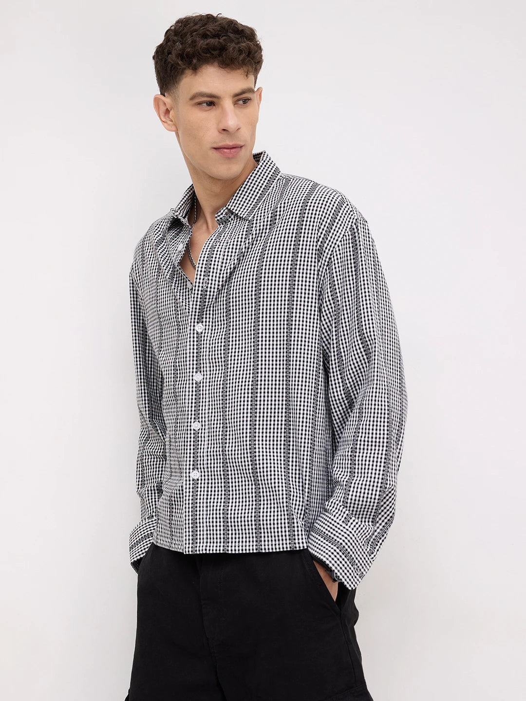 Bold Monochrome Vacation Checks Boxy Fit Crop Shirt