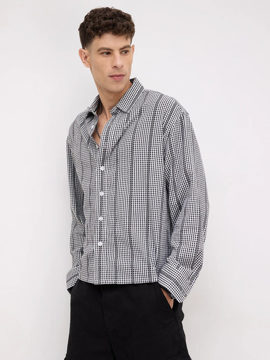 Bold Monochrome Vacation Checks Boxy Fit Crop Shirt