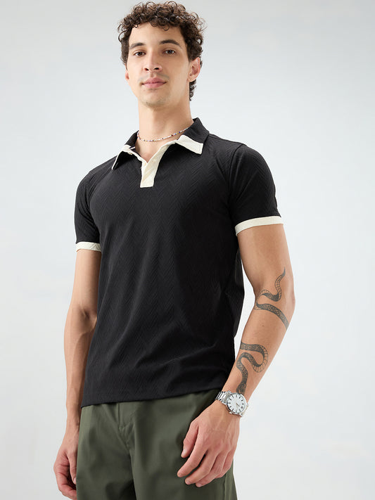 Rich Black Chevron Contrast Polo Neck T-shirt