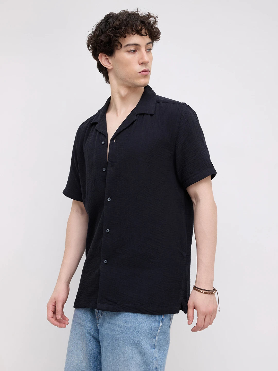Black Double Cloth Notch Collar Oversized Shirt