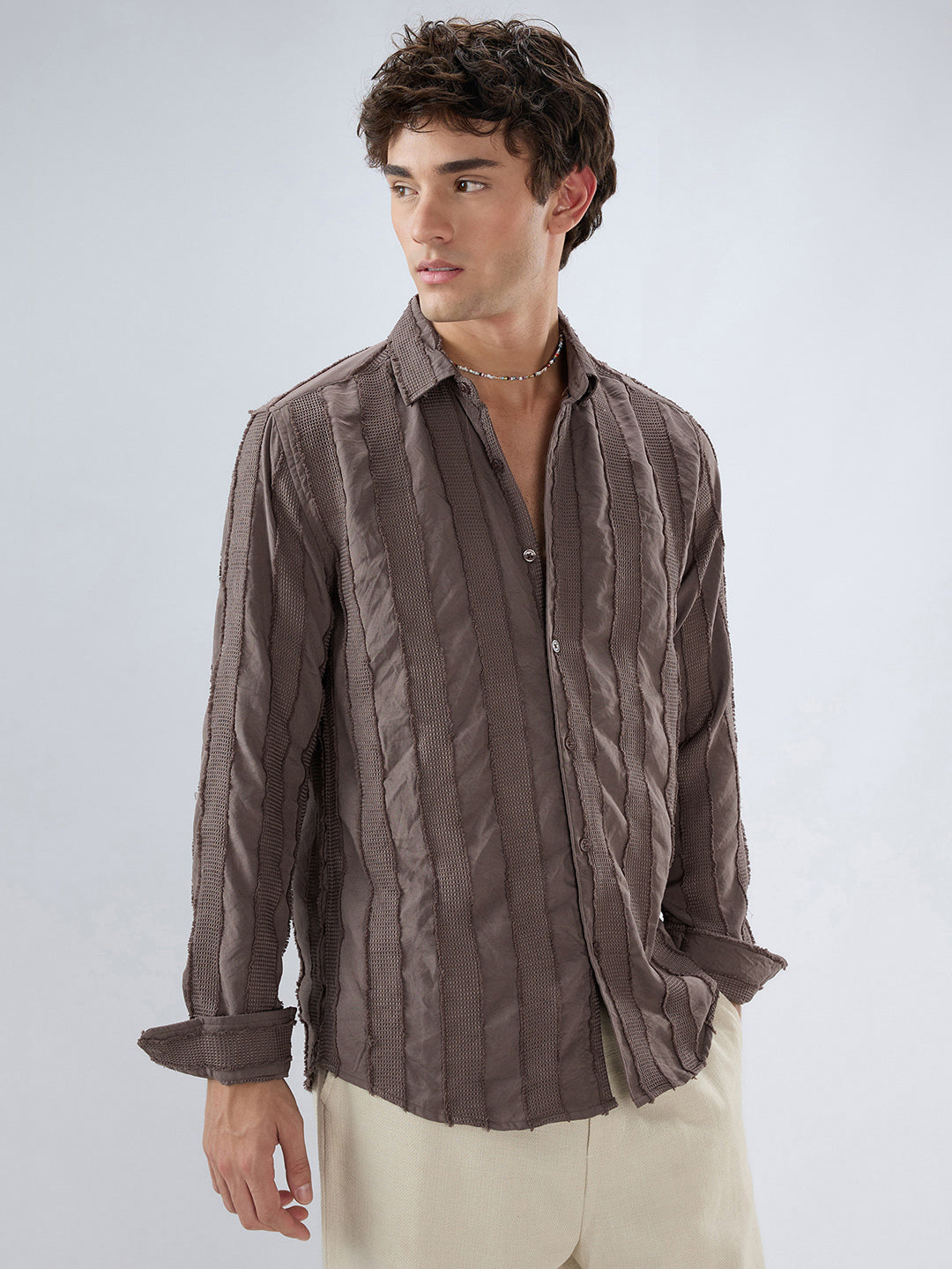 Chocolate Brown Frayed Panelled Waffle Textured Shirt