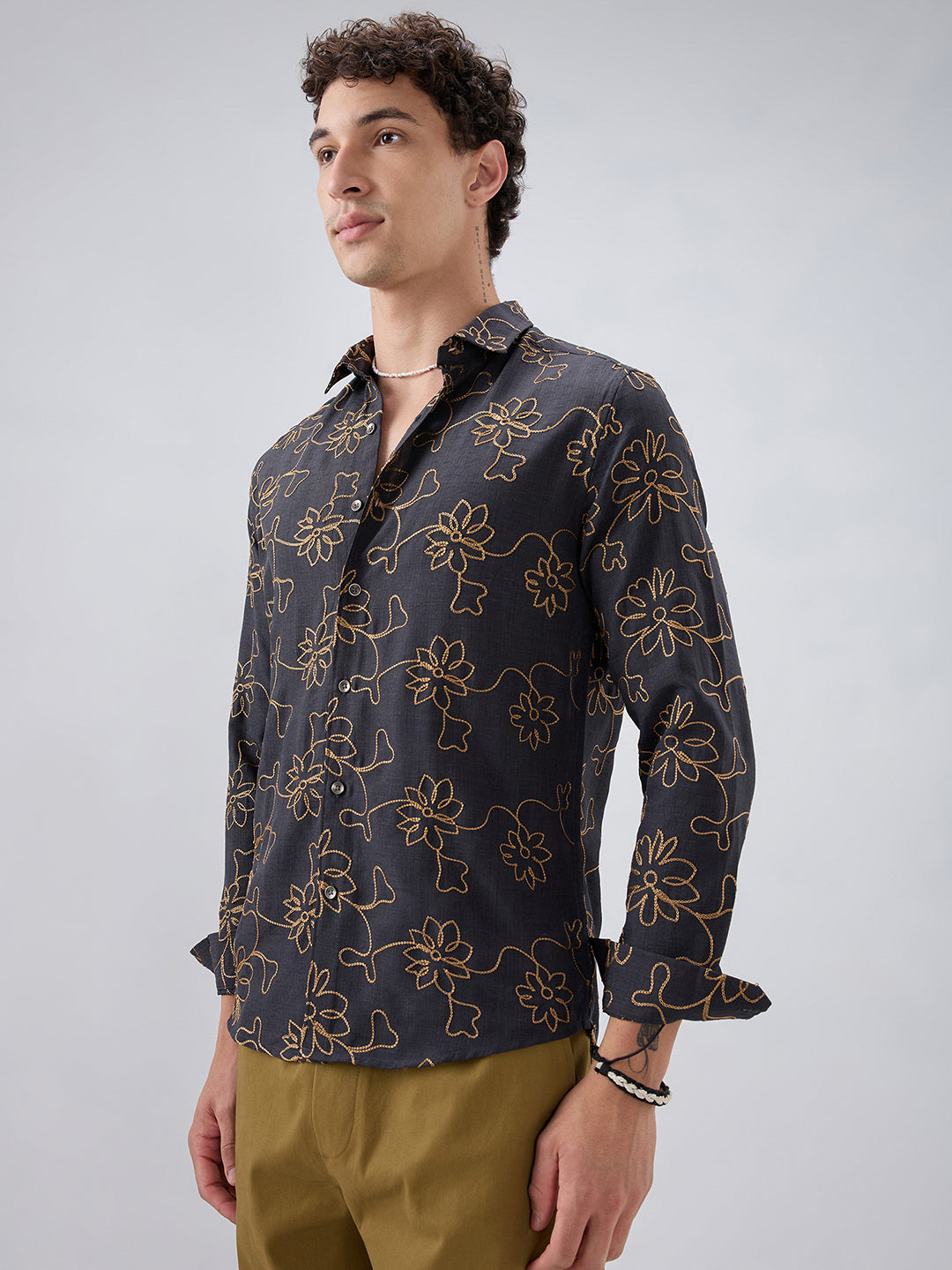 Grey Slub Textured Floral Contrast Embroidered Shirt