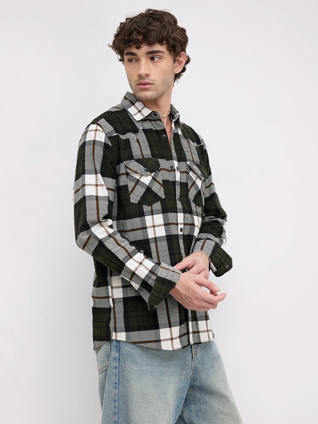 Olive & White Herringbone Weave Checked Flannel Corduroy Shirt