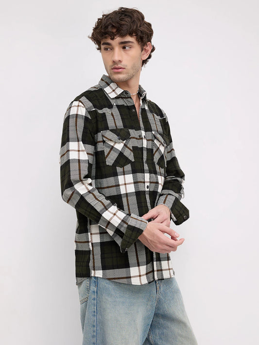 Olive & White Herringbone Weave Checked Flannel Corduroy Shirt