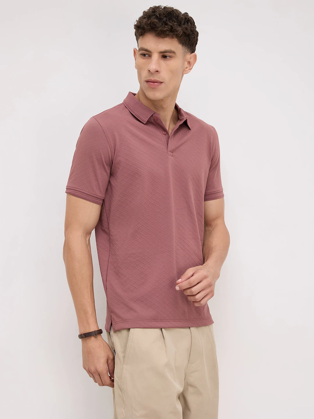 Dusty Rose Diamond Weave Polo Knit T-Shirt