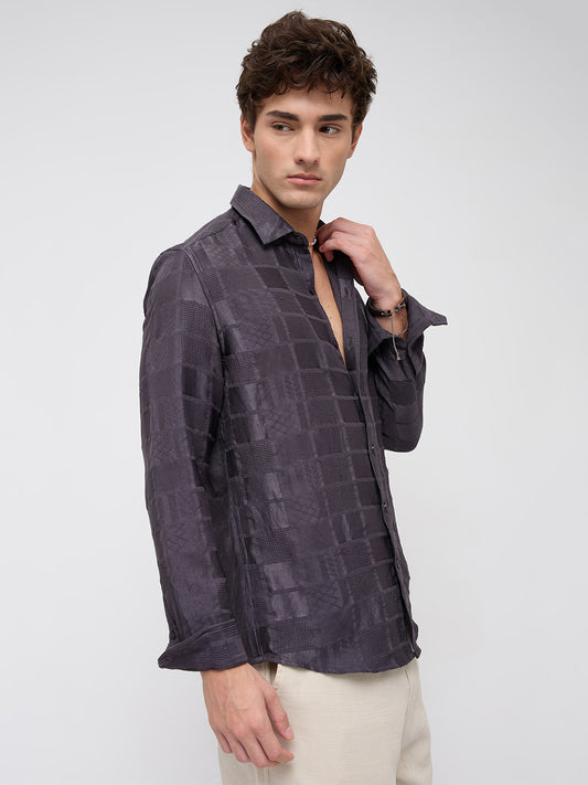 Charcoal Grey Block Checks Motif Embossed Shirt
