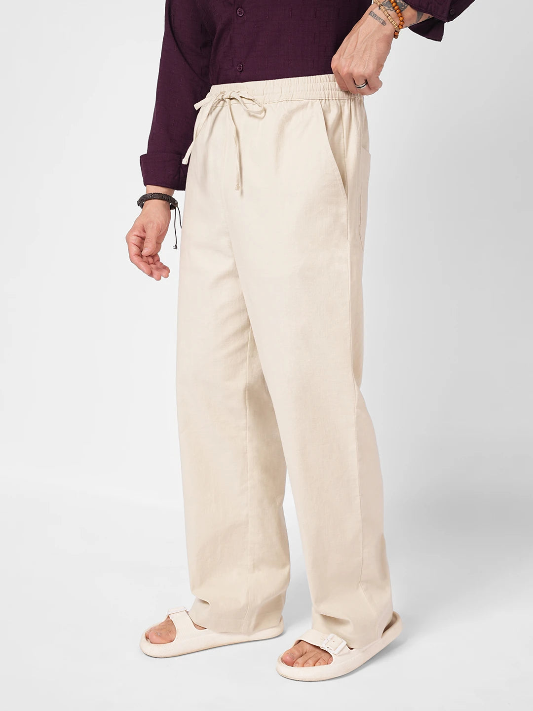 Creamy Beige Slub Weave Straight Fit Trousers