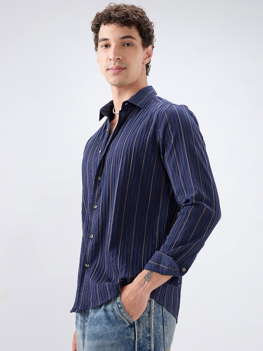 Intricate Navy & Olive Raised Striped Shirt