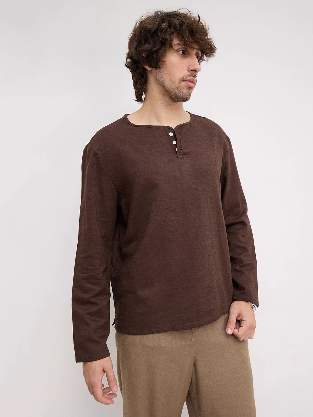 Espresso Brown Linen Blend Henley Neck Oversized Shirt