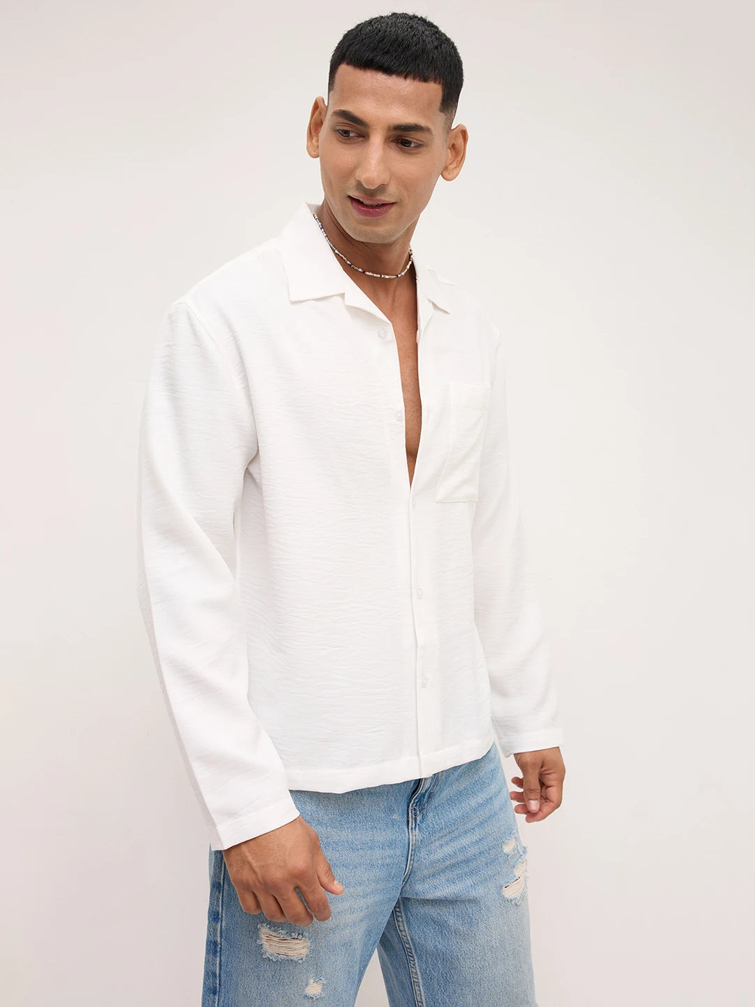 Pearl White Crinkled Notch Collar Oversized Shirt
