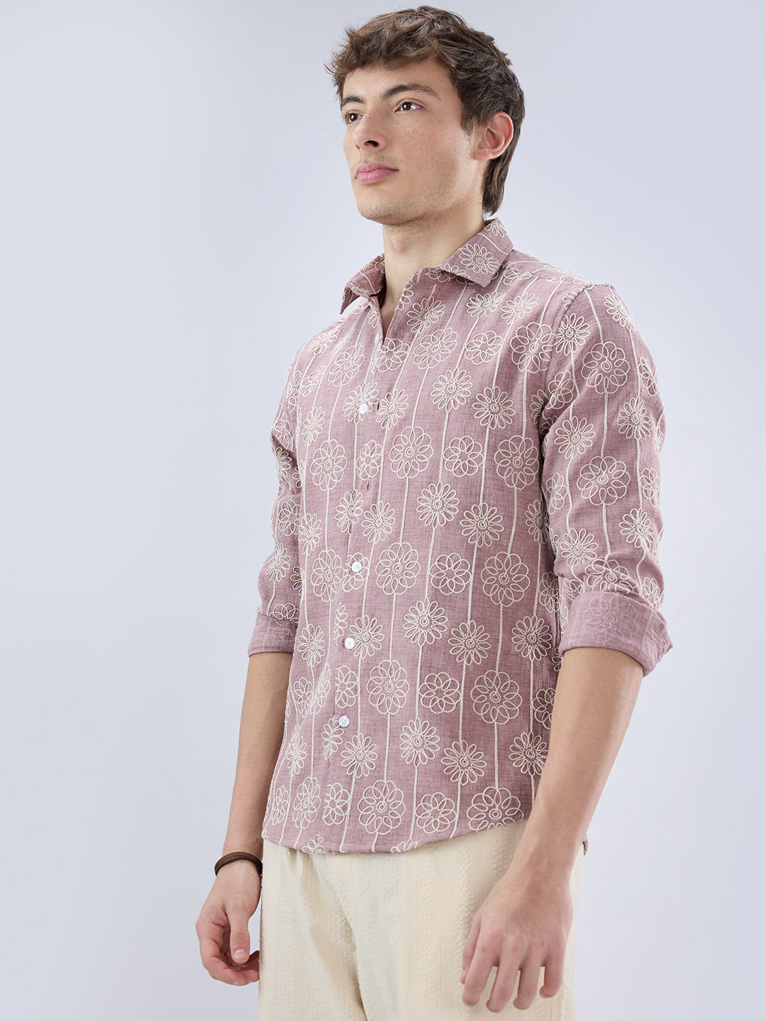 Rouge Pink Floral Embroidered Slub Shirt