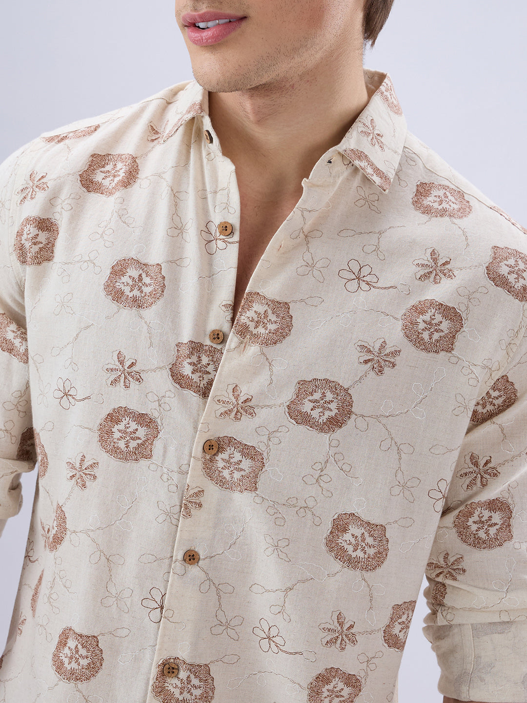 Intricate Soft Beige & Brown Botanical Bloom Linen Blend Shirt