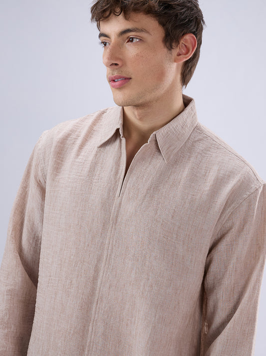 Tan Beige Crinkled Center Seam Oversized Polo Shirt