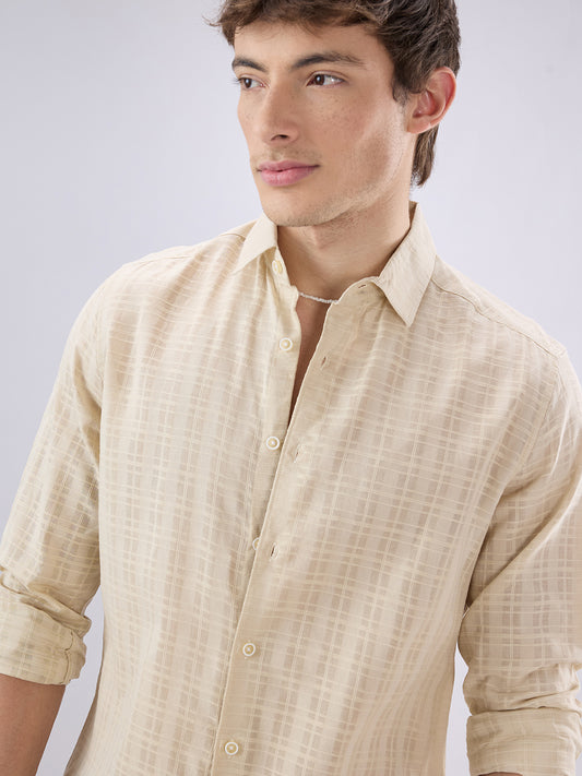 Casual Beige Textured Striped Shirt