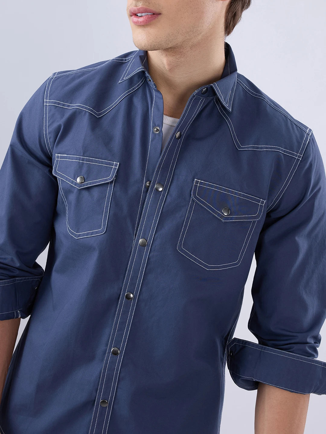 Deep Sea Blue Contrast Stitch Twin Pocket Overshirt