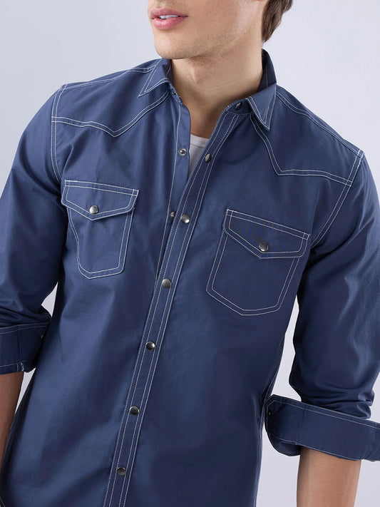 Deep Sea Blue Contrast Stitch Twin Pocket Overshirt