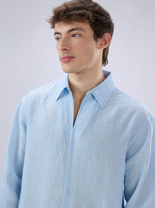 Sky Blue Crinkled Center Seam Oversized Polo Shirt