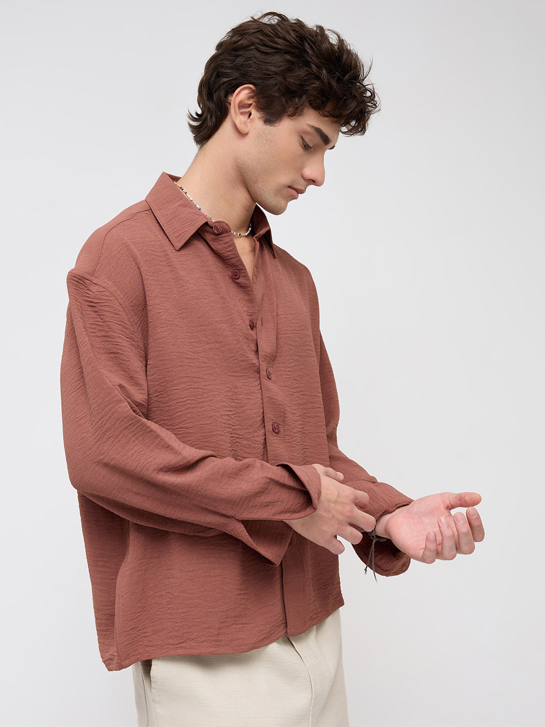 Russet Brown Crinkled Boxy Fit Crop Shirt