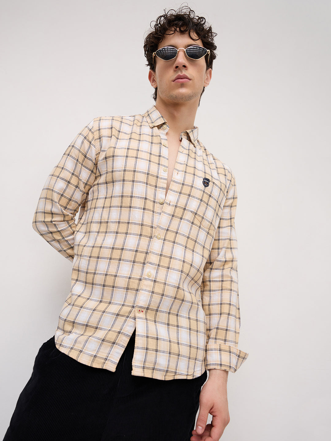 Neutral Beige & Black Windowpane Checks Shirt