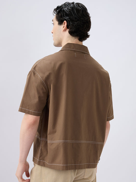 Rustic Cocoa Twin Pocket Oversized Crop Shirt