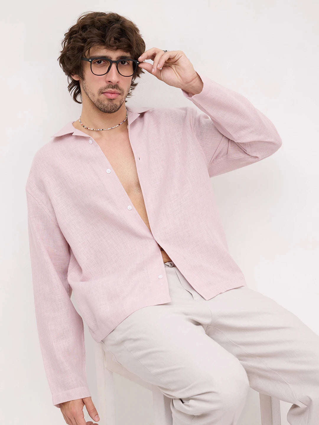 Blush Pink Fine Textured Notch Collar Oversized Shirt