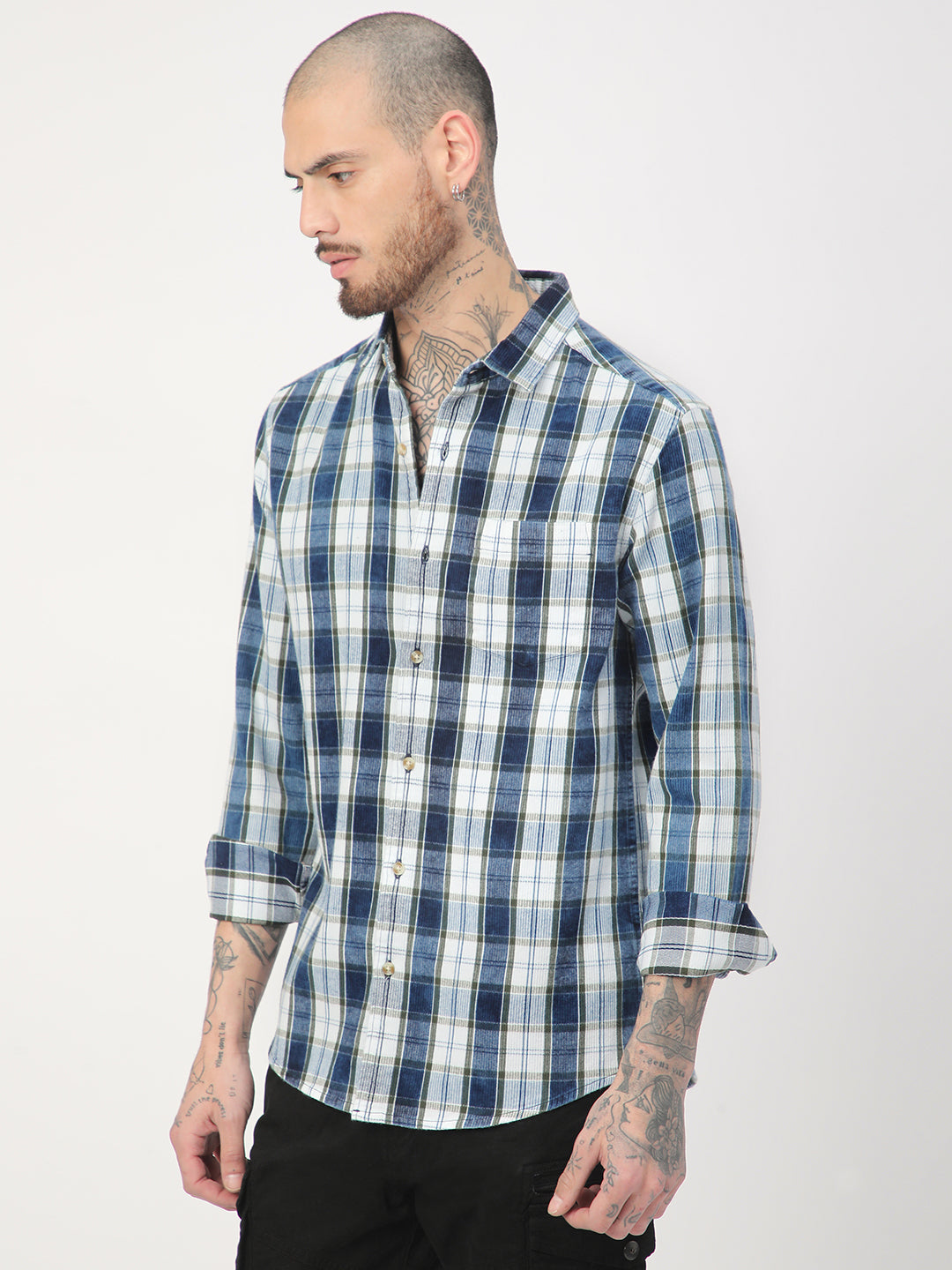 Denim Olive & Navy Plaid Checks Shirt