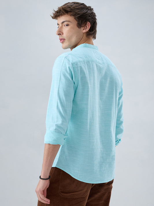 Spring Green Textured Mandarin Collar Shirt