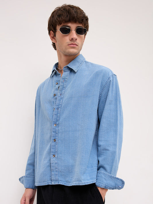 Premium Denim Fine Box Checks Boxy Fit Crop Shirt