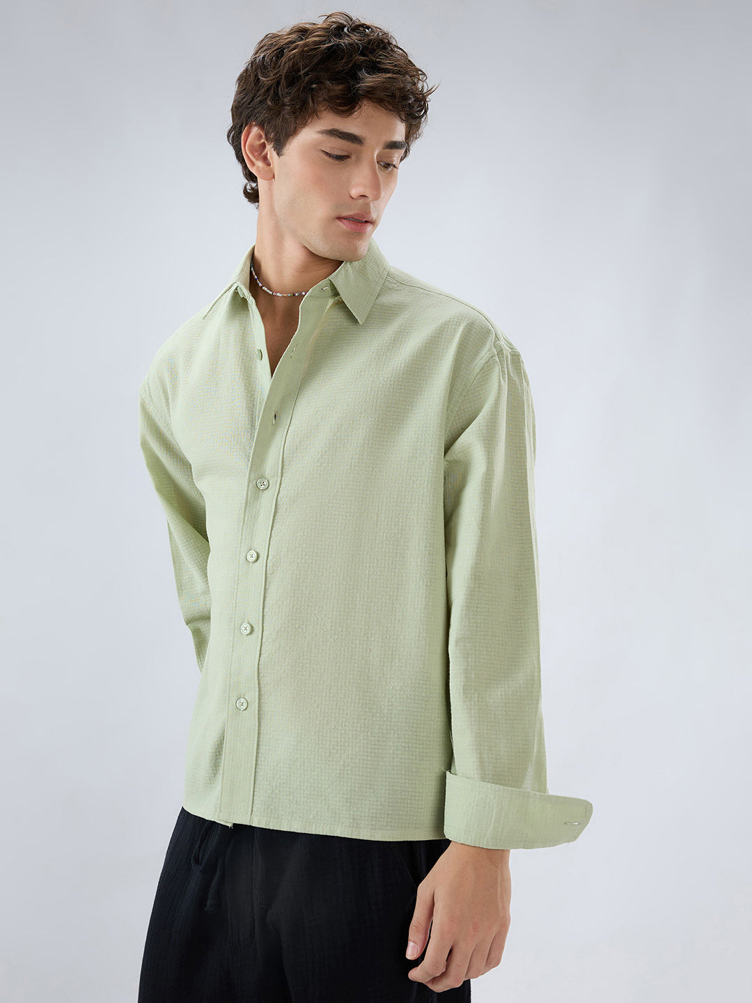 Sage Green Micro Weave Boxy Fit Crop Shirt