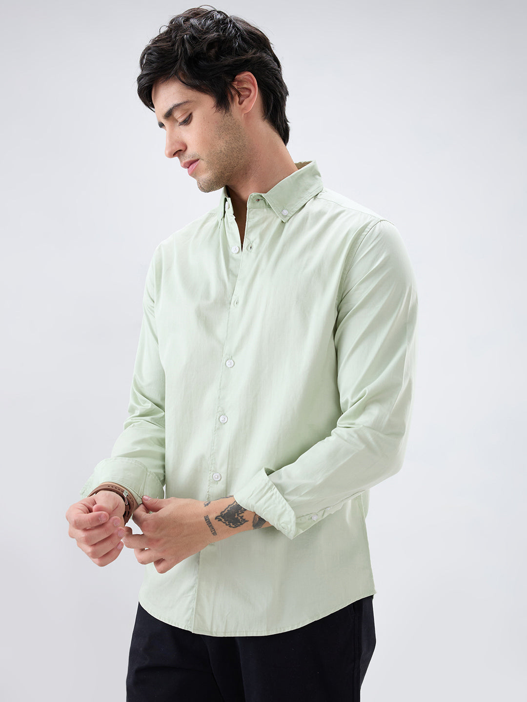 Tea Green Button-Down Collar Satin Shirt