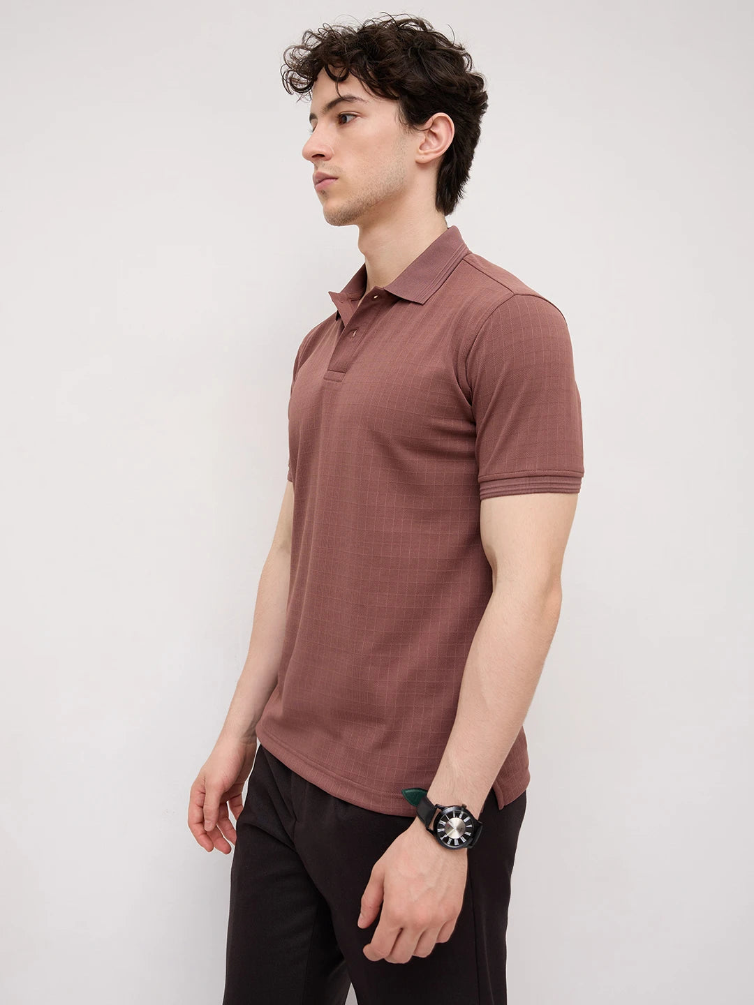 Cocoa Brown Checks Weave Polo Tee