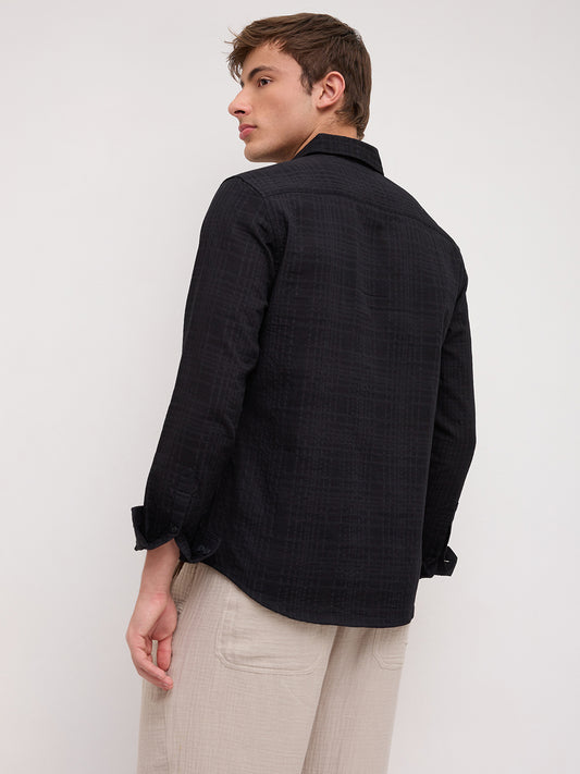 Plush Black Ledger Checks Double Cloth Shirt