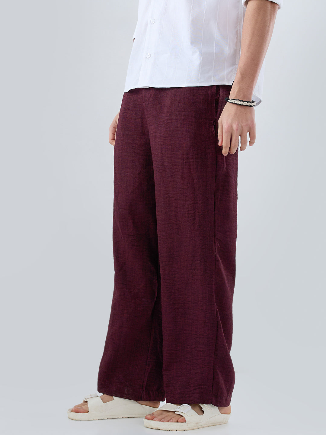 Maroon Slub Textured Wide-Leg Trousers