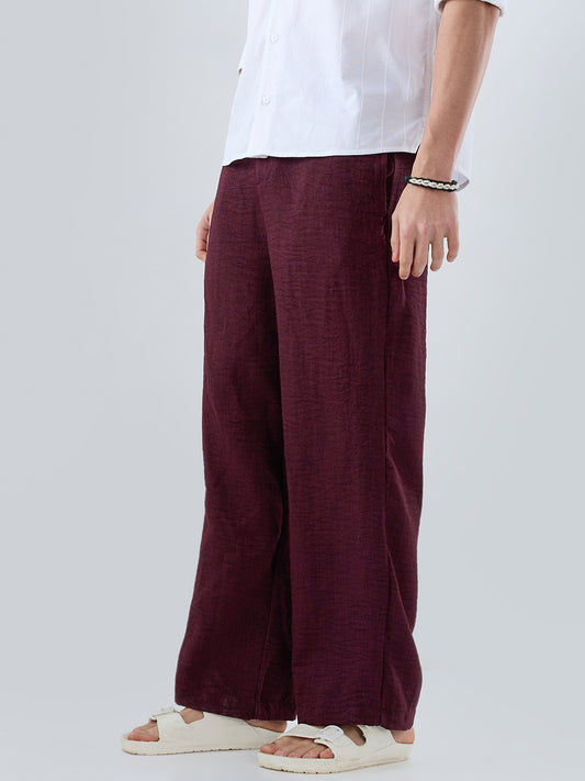 Maroon Slub Textured Wide-Leg Trousers