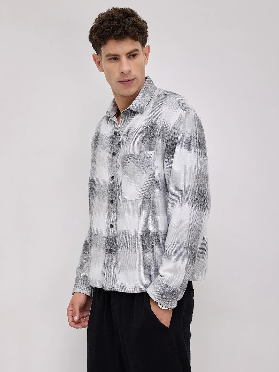 Grey & Black Crosshatch Plaid Checks Boxy Fit Crop Shirt