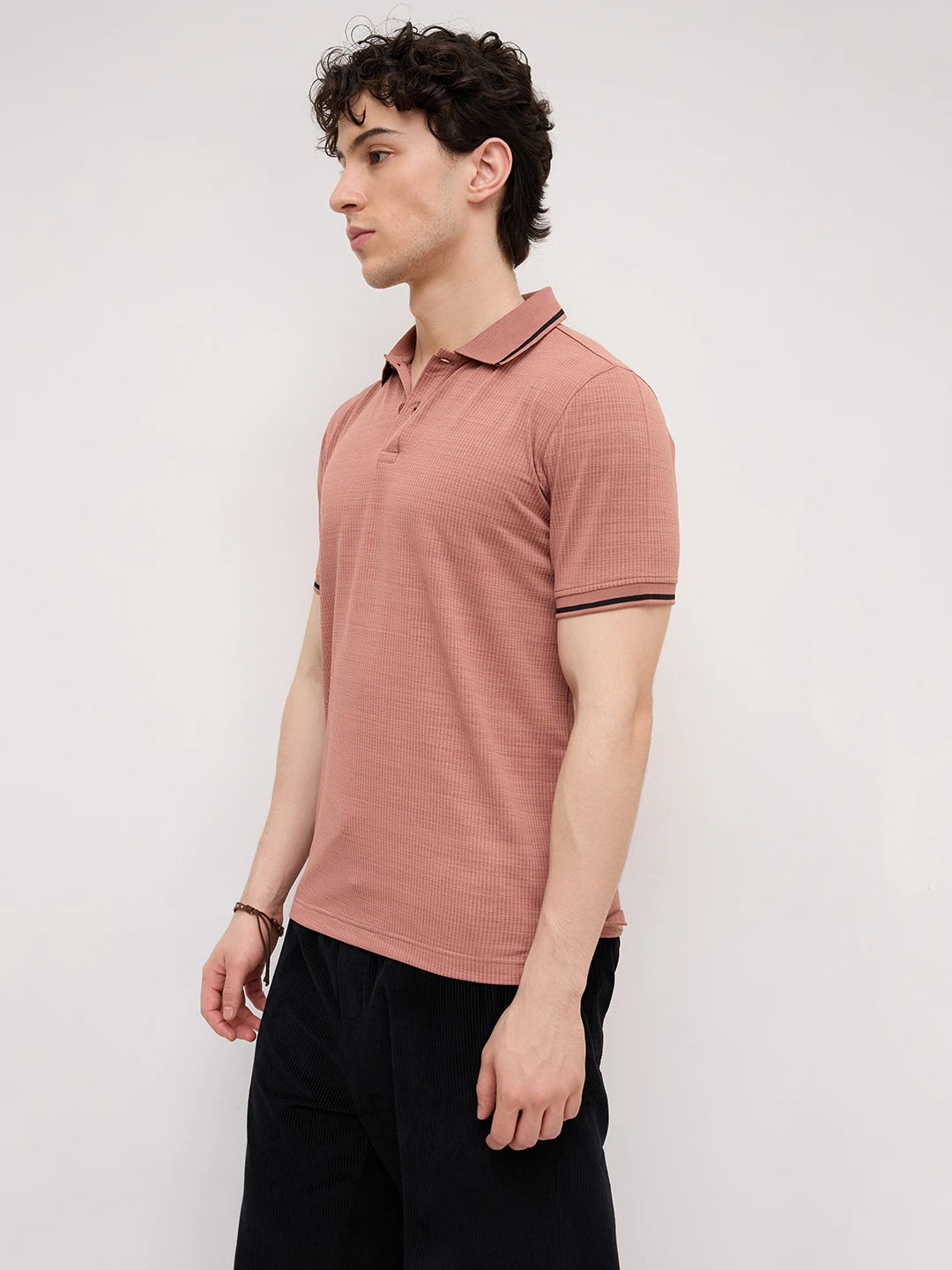 Coral Peach Grid Textured Contrast Polo Knit T-Shirt