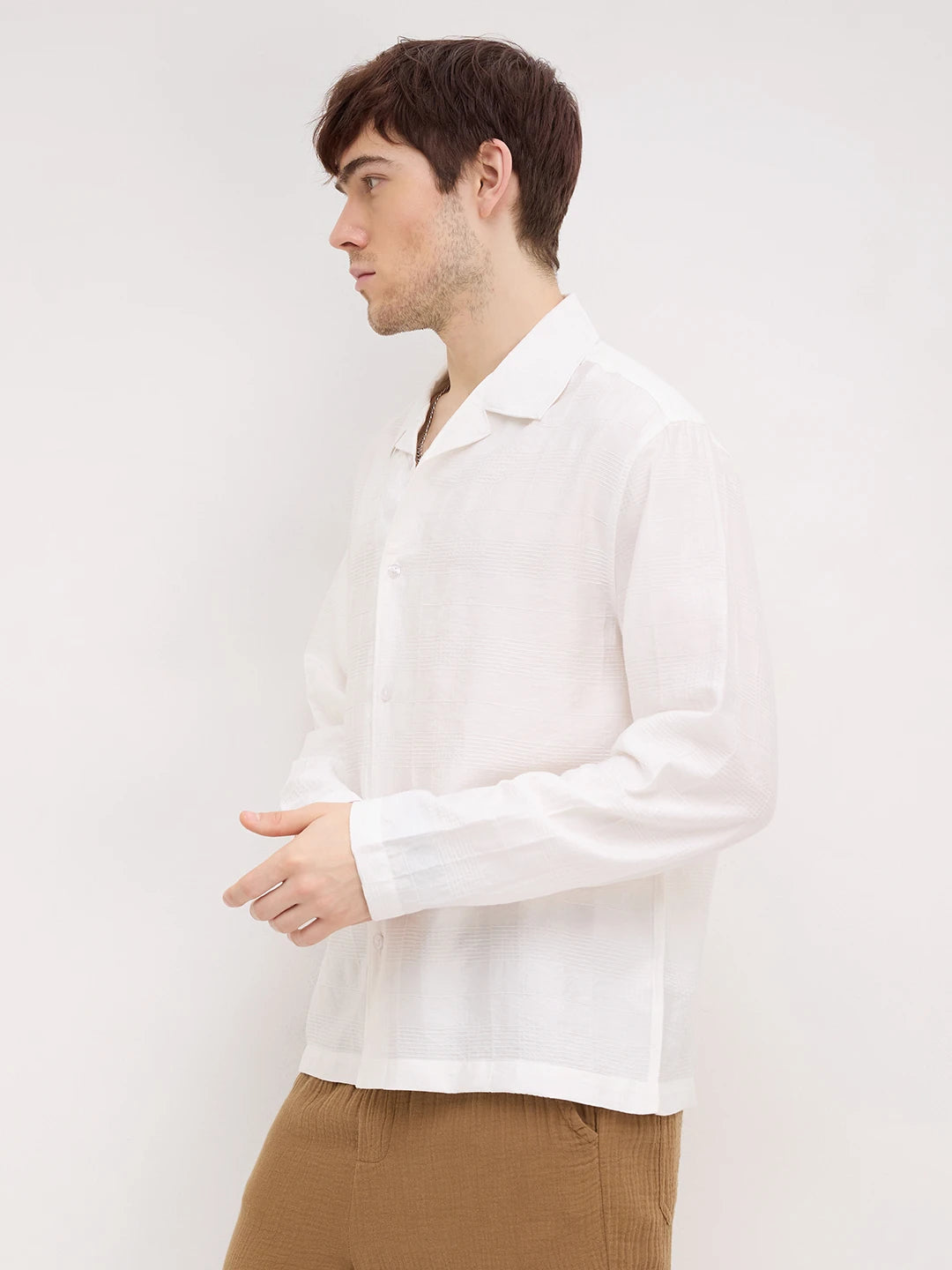 Artisan Pearl White Plaid Textured Notch Collar Oversized Shirt