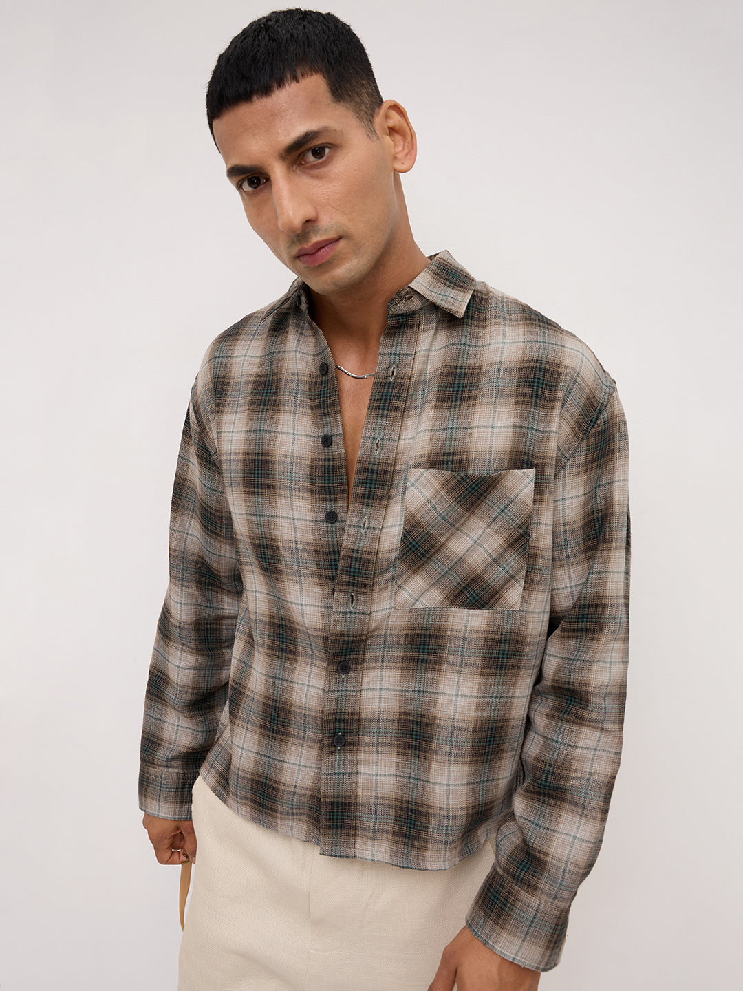 Shadow Grid Checks Multi Weave Boxy Fit Crop Shirt