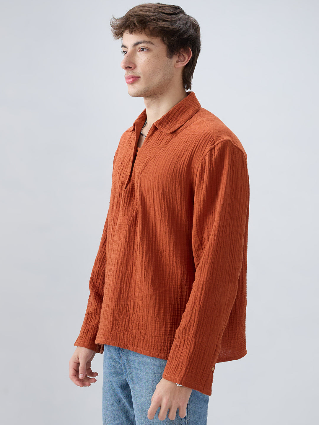 Rust Double Cloth Cuffless Oversized Shirt