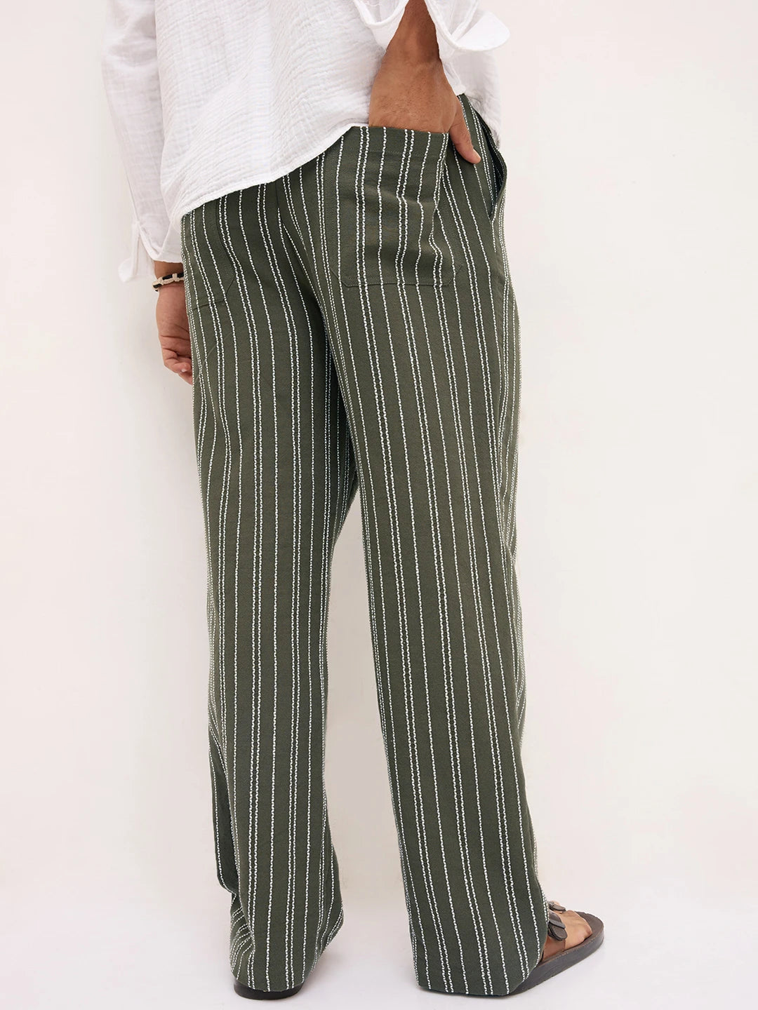 Artistic Olive Crochet Striped Straight Fit Trousers
