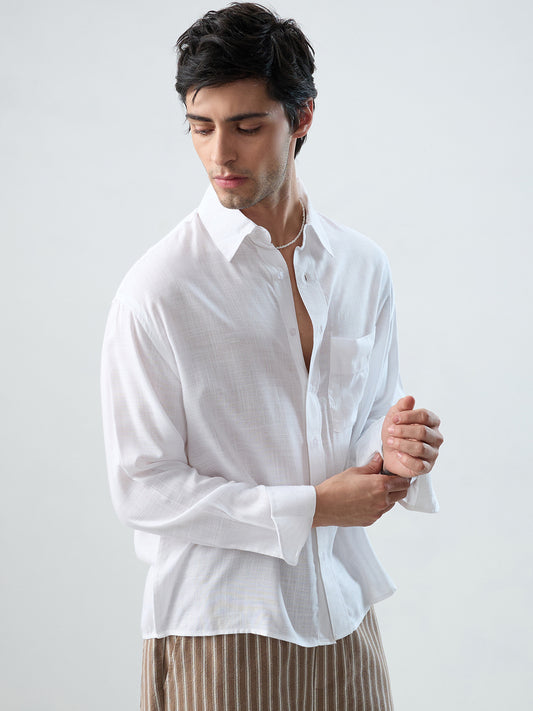 Sheer White Fine Weave Boxy Fit Crop Shirt