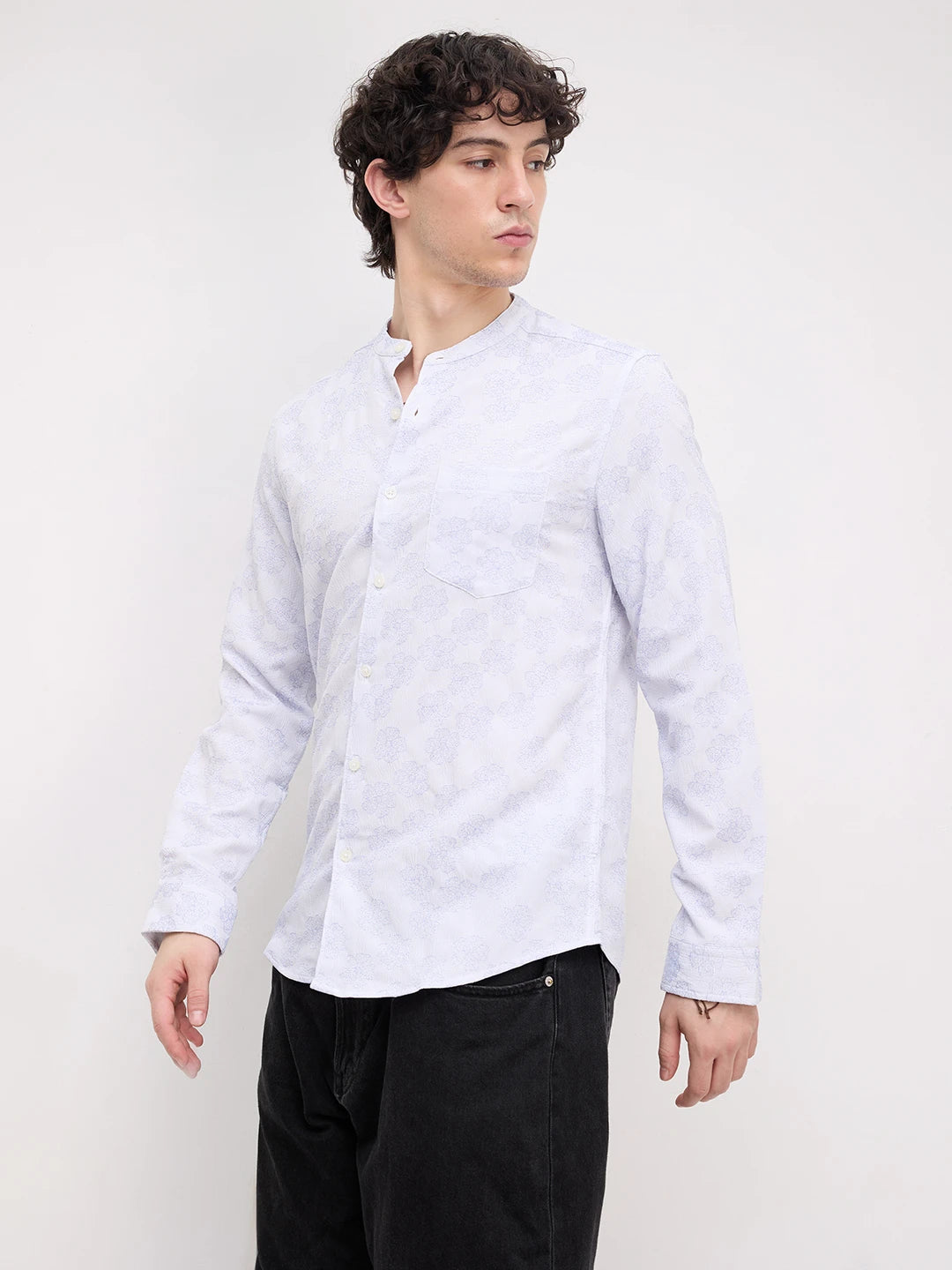 Cool Blue Floral Intricate Creased Mandarin Shirt