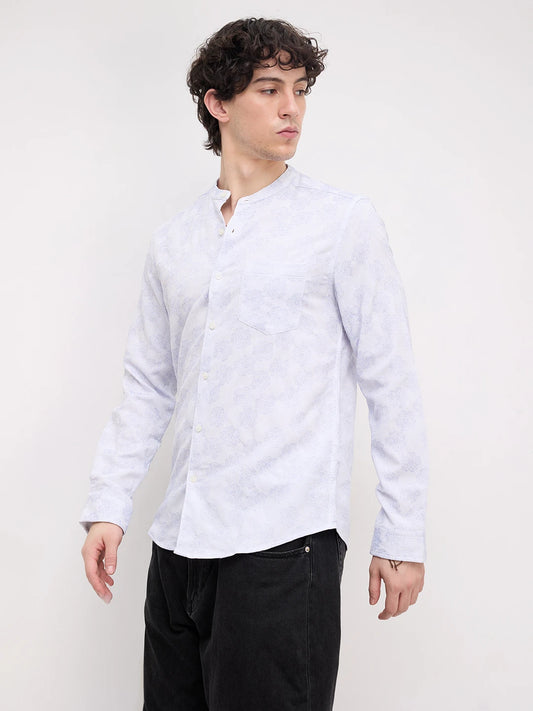 Cool Blue Floral Intricate Creased Mandarin Shirt